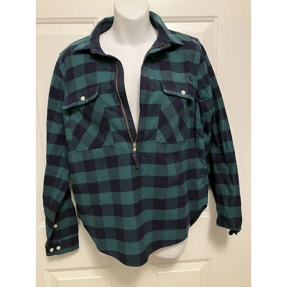 J Crew Women's Size S Plaid Green‎ Half Zip Lumberjack Flannel Long Sleeve Shirt